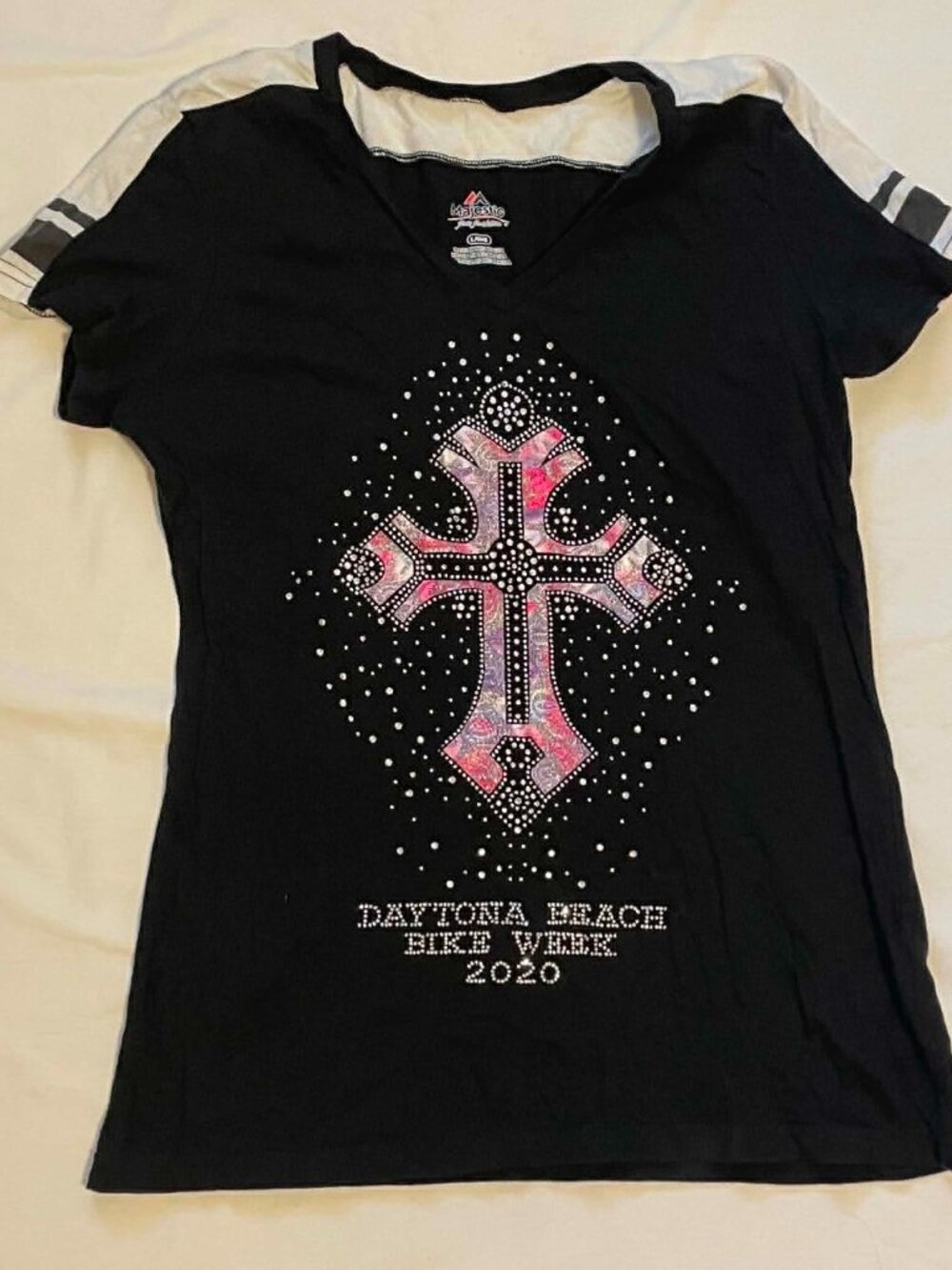 MAJESTIC Women’s Bike Week Rhinestone Embellishment Black Cross Shirt, Size L